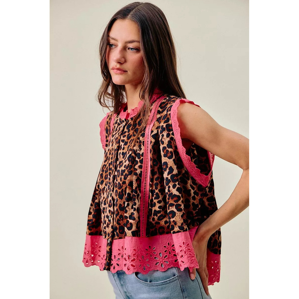 SO ME Leopard Button Up Pleated Sleeveless Blouse - Picture 4 of 7